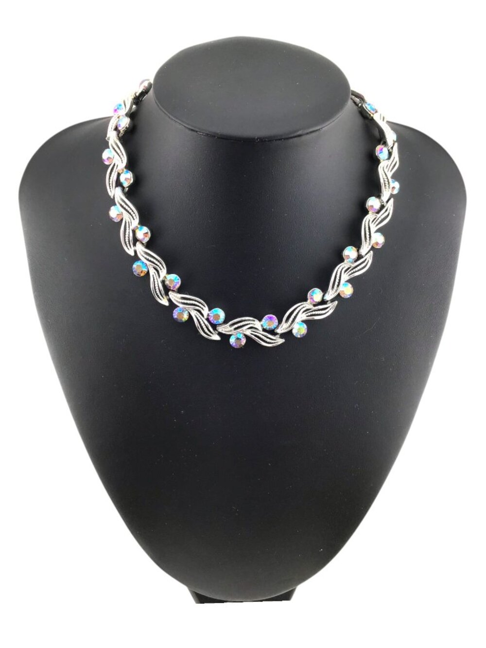 Vintage Aurora Borealis Rhinestone Choker Necklace Silver Tone AB Crystal